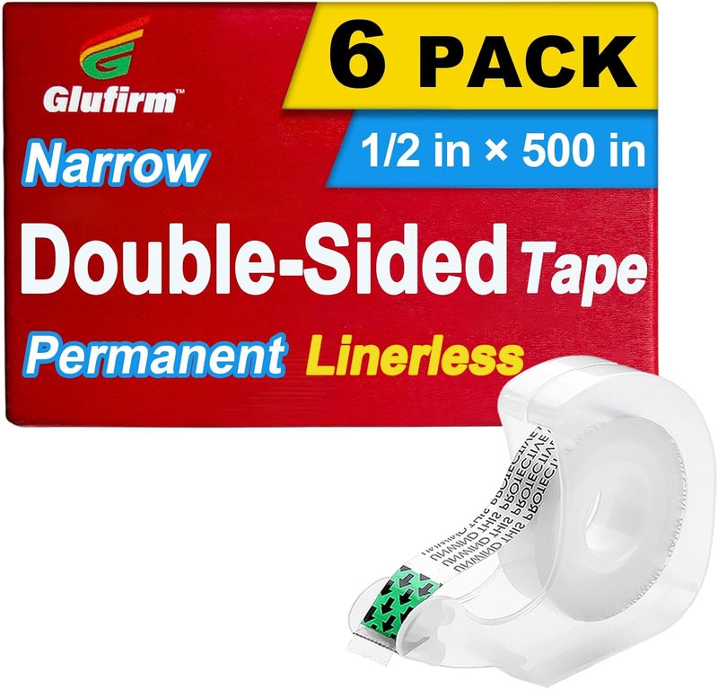 Glufirm Double Sided Tape Light Duty, 1/2 x 500 inches, 6 Pack, Narrow Double Stick Tape with Dispenser for Crafts, Arts Projects, Christmas Gifts Wrapping, Office and School Supplies. - Image 1